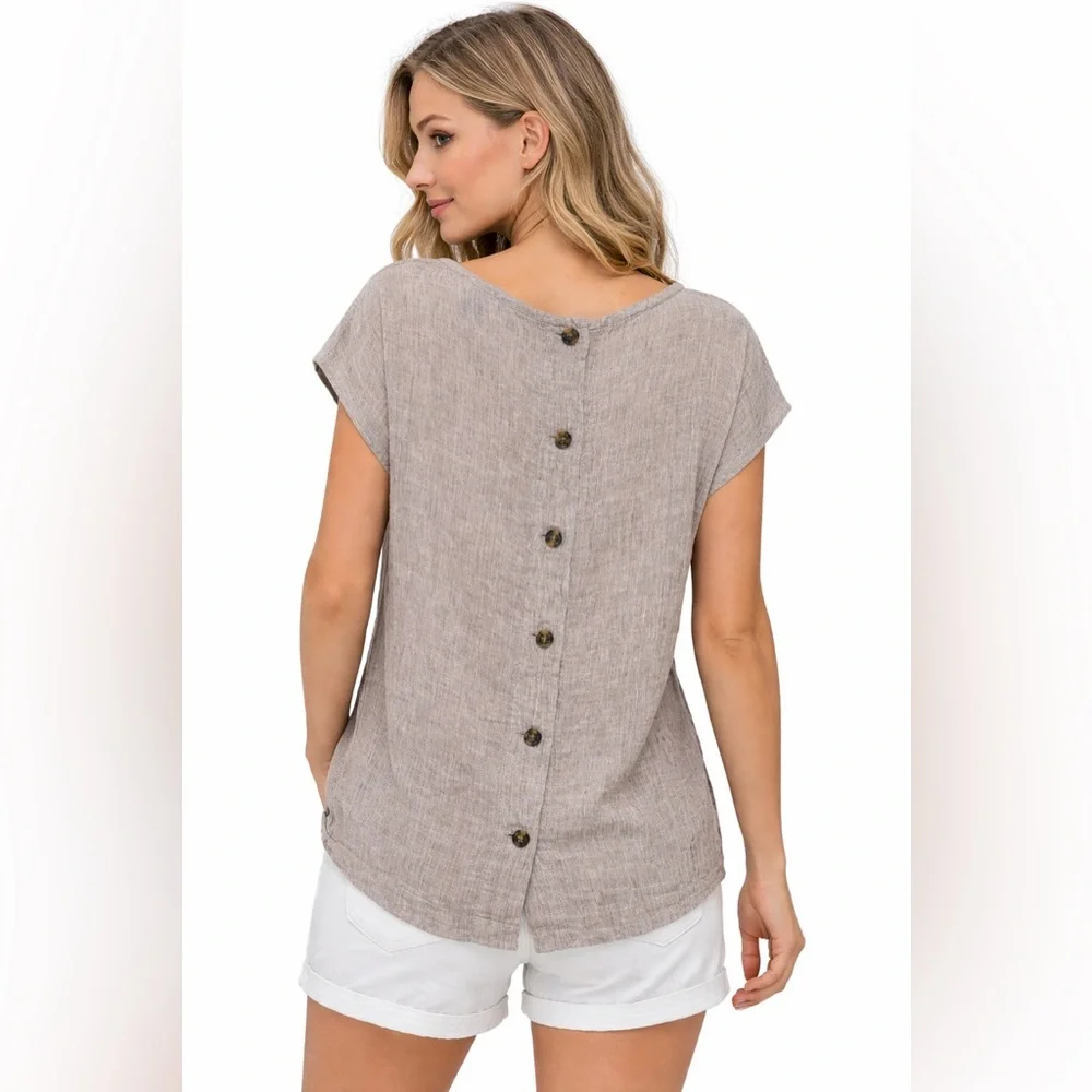 Tahari 100% Linen Beige Boho Y2K Minimalist Top M - Picture 2 of 5